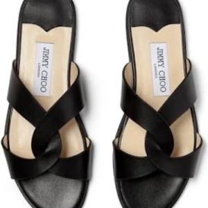 Jimmy Choo Atia Crisscross Leather Flat Slide Sandals Twisted Strap Black EU 36